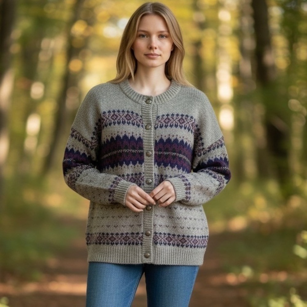 Vintage REI Fair Isle Wool Cardigan Sweater Gray Purple Metal Button Womens M